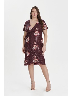 Even Plus Size Bordo Çiçek Desenli Payetli Kruvaze Büyük Beden Abiye Elbise 46 Beden