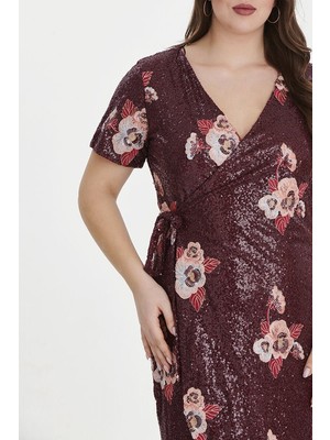 Even Plus Size Bordo Çiçek Desenli Payetli Kruvaze Büyük Beden Abiye Elbise 46 Beden