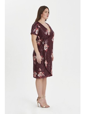 Even Plus Size Bordo Çiçek Desenli Payetli Kruvaze Büyük Beden Abiye Elbise 46 Beden