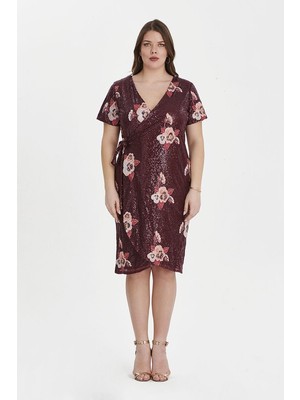 Even Plus Size Bordo Çiçek Desenli Payetli Kruvaze Büyük Beden Abiye Elbise 46 Beden