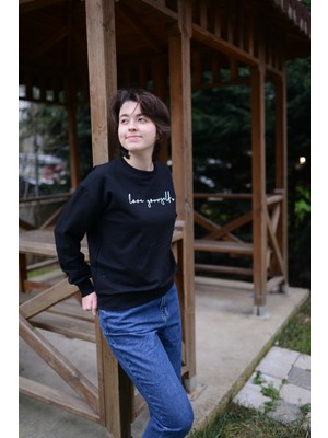 Mv Store Kadın Bisiklet Yaka Oversize Baskılı Siyah Sweatshirt