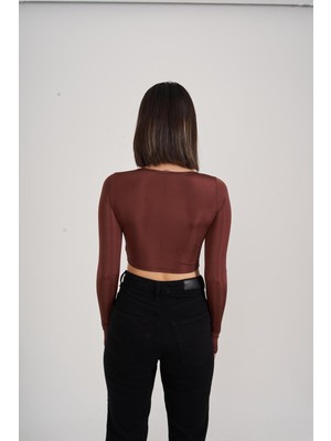 Holly Lolly Kadın Kahve Crop Parmak Geçirmeli Uzun Kol Frank Bluz