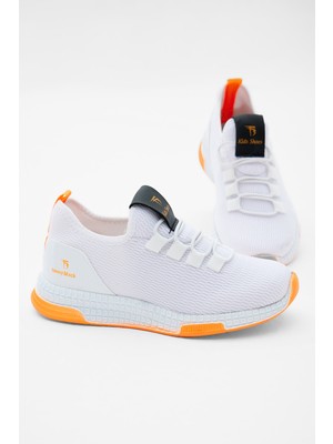 Tonny Black Çocuk Spor Ayakkabı Beyaz Oranj Lastik Bağcıklı Düz Taban Erkek Çocuklar İçin Rahat Kalıp