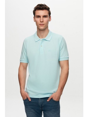 D'S Damat Regular Fit Açık Turkuaz Pike Dokulu %100 Pamuk Kıvrılmaz Polo Yaka Nakışlı T-Shirt 6HC14ORT51000