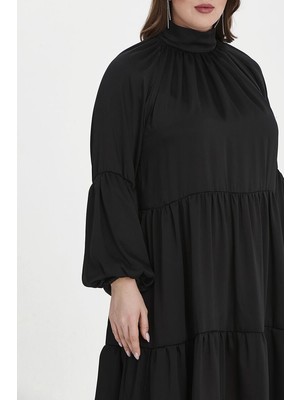 Even Plus Size Siyah Ince Saten Dik Yaka Büyük Beden Kadın Elbise 44 Beden