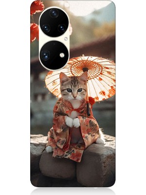 Teknomeg Huawei P50 Pro Uyumlu Geyşa Kıyafetli Kedi Desenli Silikon Kılıf