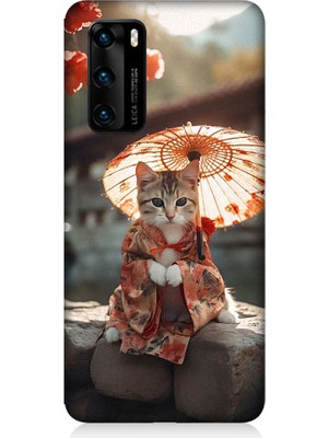 Teknomeg Huawei P40 Uyumlu Geyşa Kıyafetli Kedi Desenli Silikon Kılıf