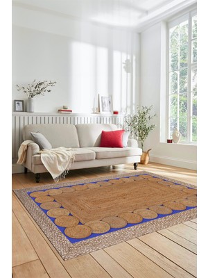 Evdeya Dijital Baskılı Kaymaz Yıkanabilir Jüt-Hasır Mutfak Yolluk Koridor Salon Halısı, Jüt-10-Mavi,
