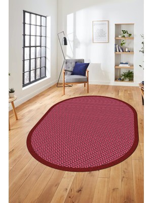Evdeya Dijital Kaymaz Yıkanabilir Jüt-Hasır Desen Oval Mutfak Yolluk Salon Halısı, O-Jüt-03-Kırmızı,