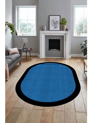 Evdeya Dijital Kaymaz Yıkanabilir Jüt-Hasır Tasarım Oval Mutfak Yolluk Salon Halısı, O-Jüt-06-Mavi,