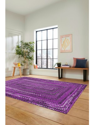 Evdeya Dijital Baskılı Kaymaz Yıkanabilir Şık Jüt-Hasır Desen Mutfak Yolluk Salon Halısı, Jüt-05-Mor,