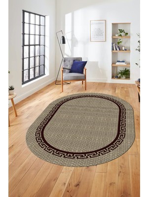 Evdeya Dijital Kaymaz Yıkanabilir Jüt-Hasır Görünümlü Oval Mutfak Yolluk Salon Halısı, O-Jüt-01-Bordo,