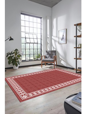 Evdeya Çerçeveli Jüt-Hasır Desen Kaymaz Yıkanabilir Modern Yolluk Mutfak Salon Halısı, Jüt-20-Kırmızı,