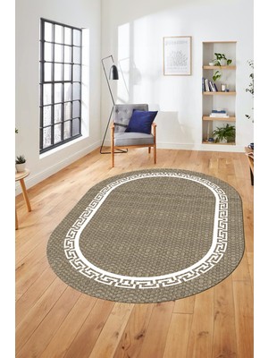 Evdeya Dijital Kaymaz Yıkanabilir Jüt-Hasır Görünümlü Oval Mutfak Yolluk Salon Halısı, O-Jüt-01-Beyaz,