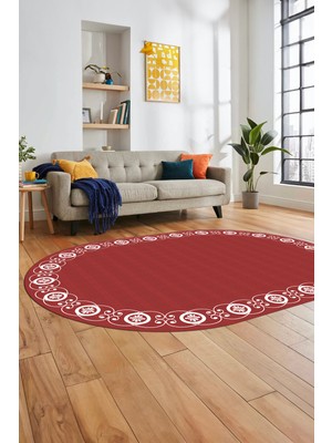 Evdeya Jüt-Hasır Desen Dijital Kaymaz Yıkanabilir Oval Yolluk Koridor Salon Halısı, O-Jüt-15-Kırmızı,