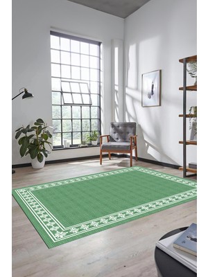 Evdeya Çerçeveli Jüt-Hasır Desen Kaymaz Yıkanabilir Modern Yolluk Mutfak Salon Halısı, Jüt-20-Yeşil,