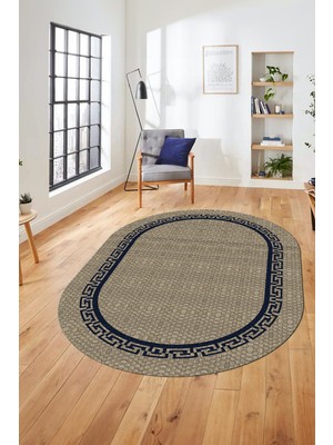 Evdeya Dijital Kaymaz Yıkanabilir Jüt-Hasır Görünümlü Oval Mutfak Yolluk Salon Halısı, O-Jüt-01-Mavi,