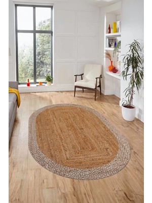 Evdeya Çerçeveli Hasır Desen Dijital Kaymaz Yıkanabilir Oval Yolluk Koridor Salon Halısı, O-17-Kahve,