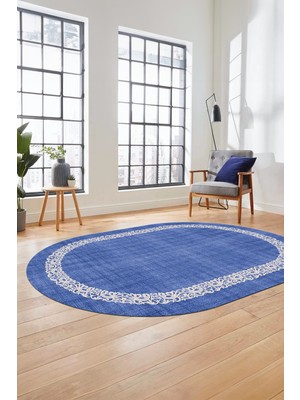 Evdeya Dijital Kaymaz Yıkanabilir Jüt-Hasır Desen Modern Oval Mutfak Yolluk Salon Halısı, O-Jüt-04-Mavi,