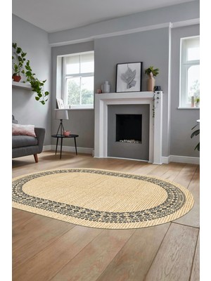 Evdeya Dijital Kaymaz Yıkanabilir Zarif Jüt-Hasır Desen Oval Mutfak Yolluk Salon Halısı, O-Jüt-09-Krem,