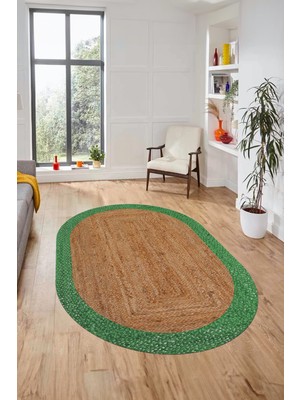 Evdeya Çerçeveli Hasır Desen Dijital Kaymaz Yıkanabilir Oval Yolluk Koridor Salon Halısı, O-17-Yeşil,