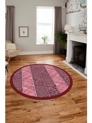 Evdeya Dijital Kaymaz Yıkanabilir Jüt-Hasır Desenli Yuvarlak Mutfak Salon Halısı, Y-Jüt-02-Kırmızı,