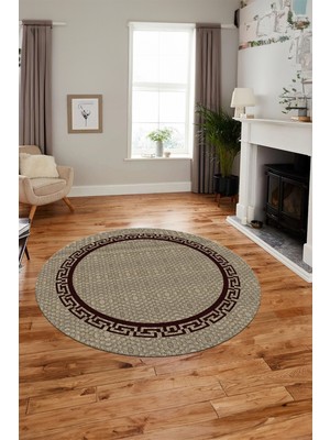 Evdeya Dijital Kaymaz Yıkanabilir Jüt-Hasır Görünümlü Yuvarlak Mutfak Salon Halısı, Y-Jüt-01-Bordo,