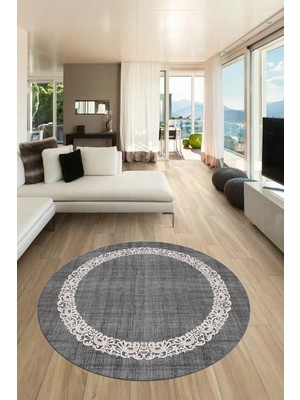 Evdeya Dijital Kaymaz Yıkanabilir Jüt-Hasır Desen Modern Yuvarlak Mutfak Salon Halısı, Y-Jüt-04-Gri,