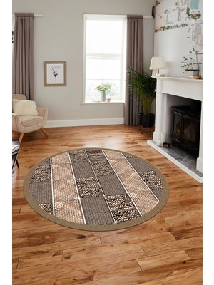 Evdeya Dijital Kaymaz Yıkanabilir Jüt-Hasır Desenli Yuvarlak Mutfak Salon Halısı, Y-Jüt-02-Kahve,