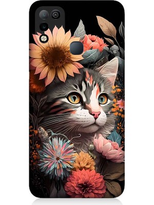 Teknomeg Infinix Hot 10 Play Uyumlu Çiçekler ve Kül Gri Kedi Desenli Silikon Kılıf