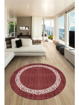 Evdeya Dijital Kaymaz Yıkanabilir Jüt-Hasır Desen Modern Yuvarlak Mutfak Salon Halısı, Y-Jüt-04-Kırmızı,