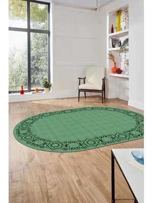 Evdeya Çerçeveli Jüt-Hasır Desen Dijital Kaymaz Yıkanabilir Oval Yolluk Salon Halısı, O-Jüt-19-Yeşil,