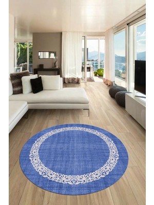 Evdeya Dijital Kaymaz Yıkanabilir Jüt-Hasır Desen Modern Yuvarlak Mutfak Salon Halısı, Y-Jüt-04-Mavi,