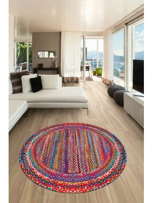 Evdeya Dijital Kaymaz Yıkanabilir Şık Jüt-Hasır Desen Yuvarlak Mutfak Salon Halısı, Y-Jüt-05-Renkli,