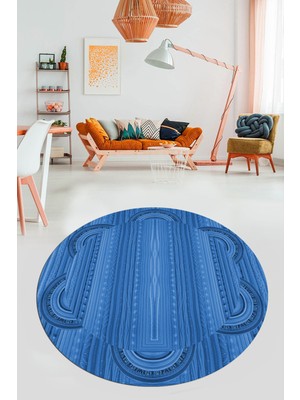 Evdeya Dijital Kaymaz Yıkanabilir Modern Jüt-Hasır Tasarım Yuvarlak Mutfak Salon Halısı, Y-Jüt-08-Mavi,