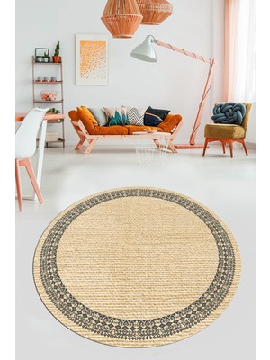 Evdeya Dijital Kaymaz Yıkanabilir Zarif Jüt-Hasır Tasarım Yuvarlak Mutfak Salon Halısı, Y-Jüt-09-Krem,