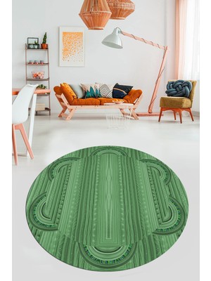 Evdeya Dijital Kaymaz Yıkanabilir Modern Jüt-Hasır Tasarım Yuvarlak Mutfak Salon Halısı, Y-Jüt-08-Yeşil,