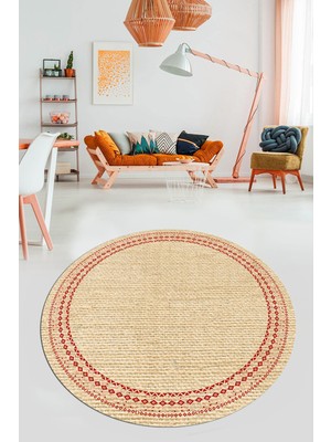 Evdeya Dijital Kaymaz Yıkanabilir Zarif Jüt-Hasır Tasarım Yuvarlak Mutfak Salon Halısı, Y-Jüt-09-Kırmızı,