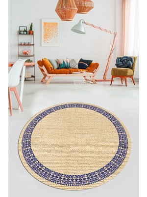 Evdeya Dijital Kaymaz Yıkanabilir Zarif Jüt-Hasır Tasarım Yuvarlak Mutfak Salon Halısı, Y-Jüt-09-Renkli,