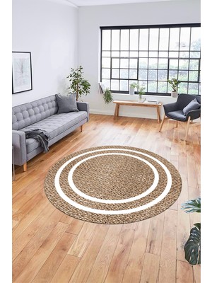 Evdeya Jüt-Hasır Desenli Dijital Baskı Kaymaz Yıkanabilir Yuvarlak Salon Halısı, Y-Jüt-12-Kahve,