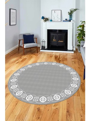 Evdeya Jüt-Hasır Desen Dijital Kaymaz Yıkanabilir Yuvarlak Mutfak Salon Halısı, Y-Jüt-15-Gri,
