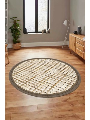 Evdeya Şık Jüt-Hasır Desen Dijital Kaymaz Yıkanabilir Yuvarlak Mutfak Salon Halısı, Y-Jüt-16-Krem,