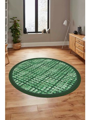 Evdeya Şık Jüt-Hasır Desen Dijital Kaymaz Yıkanabilir Yuvarlak Mutfak Salon Halısı, Y-Jüt-16-Yeşil,