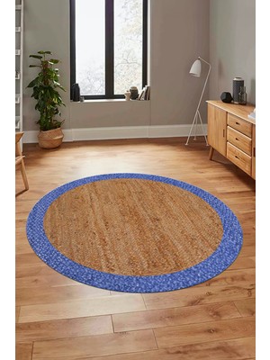 Evdeya Çerçeveli Jüt-Hasır Desen Dijital Kaymaz Yıkanabilir Yuvarlak Mutfak Salon Halısı, Y-Jüt-17-Mavi,
