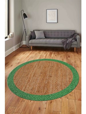Evdeya Çerçeveli Jüt-Hasır Desen Dijital Kaymaz Yıkanabilir Yuvarlak Mutfak Salon Halısı, Y-Jüt-17-Yeşil,