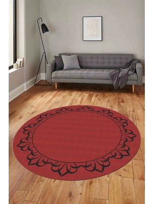 Evdeya Klasik Jüt-Hasır Desen Dijital Kaymaz Yıkanabilir Yuvarlak Mutfak Salon Halısı, Y-Jüt-18-Kırmızı,