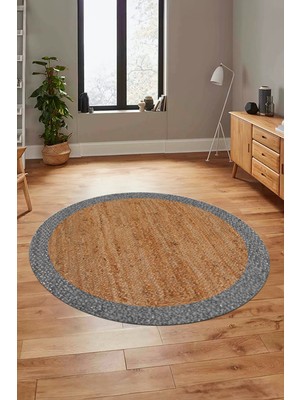 Evdeya Çerçeveli Jüt-Hasır Desen Dijital Kaymaz Yıkanabilir Yuvarlak Mutfak Salon Halısı, Y-Jüt-17-Gri,