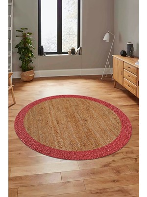 Evdeya Çerçeveli Jüt-Hasır Desen Dijital Kaymaz Yıkanabilir Yuvarlak Mutfak Salon Halısı, Y-Jüt-17-Kırmızı,