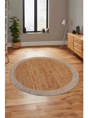 Evdeya Çerçeveli Jüt-Hasır Desen Dijital Kaymaz Yıkanabilir Yuvarlak Mutfak Salon Halısı, Y-Jüt-17-Kahve,