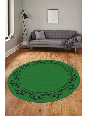 Evdeya Klasik Jüt-Hasır Desen Dijital Kaymaz Yıkanabilir Yuvarlak Mutfak Salon Halısı, Y-Jüt-18-Yeşil,